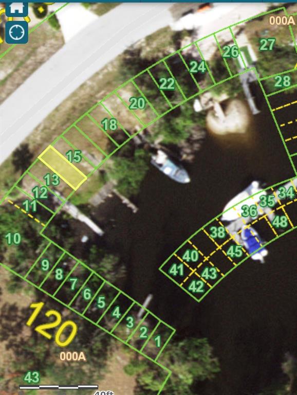 This is a satellite map showing a waterfront property layout with numbered lots along a canal — 2613 LEAR ROAD B LOT 14, ENGLEWOOD, FL