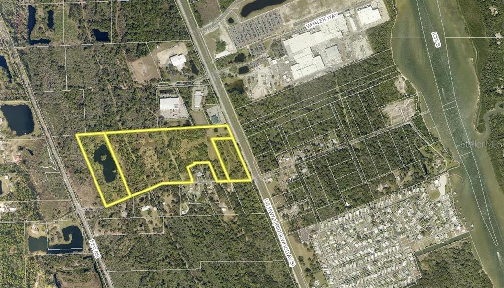 An aerial map shows a vacant, irregularly shaped parcel of land outlined in yellow — 4220 S RIDGEWOOD AVENUE, EDGEWATER, FL