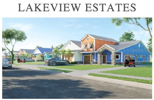 A digital rendering shows a row of colorful suburban houses along a paved street — 4220 S RIDGEWOOD AVENUE, EDGEWATER, FL