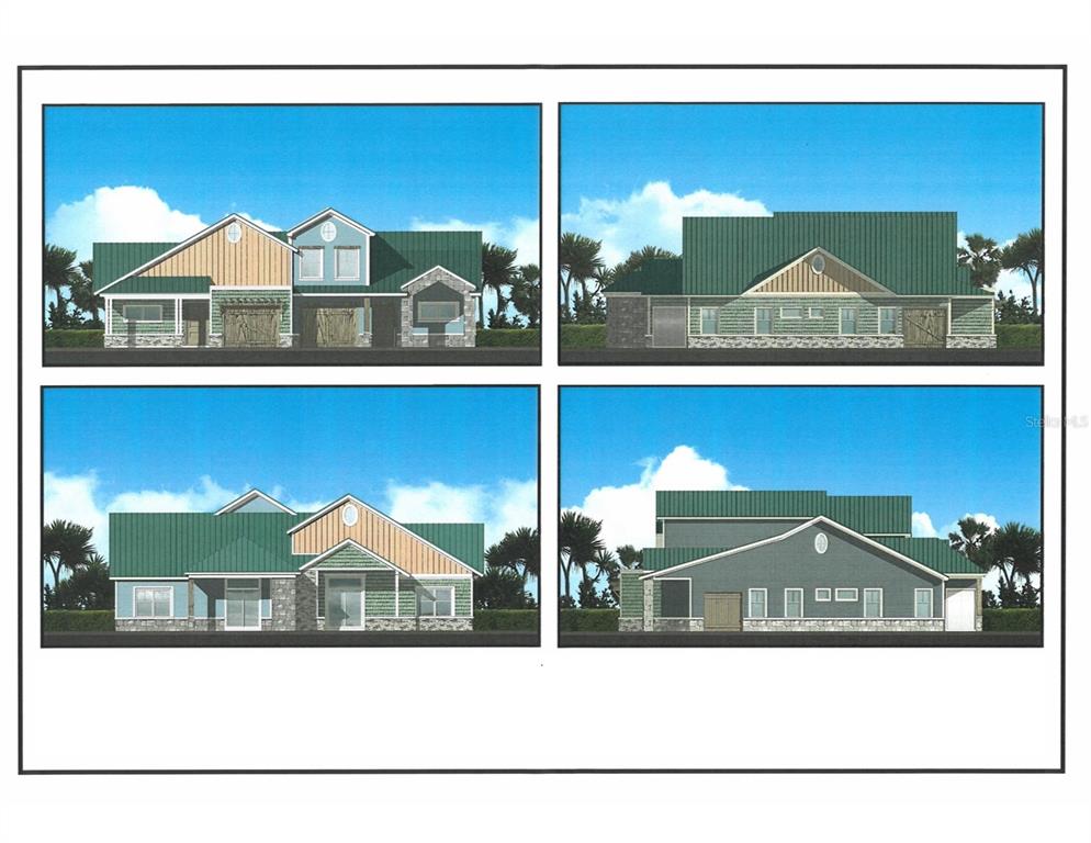 This is a digital architectural rendering showing four exterior elevations of a house — 4220 S RIDGEWOOD AVENUE, EDGEWATER, FL