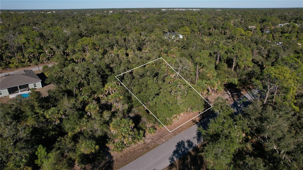 An aerial view shows a rectangular, wooded vacant lot outlined in white next to a road — 14324 RITA AVENUE, PORT CHARLOTTE, FL