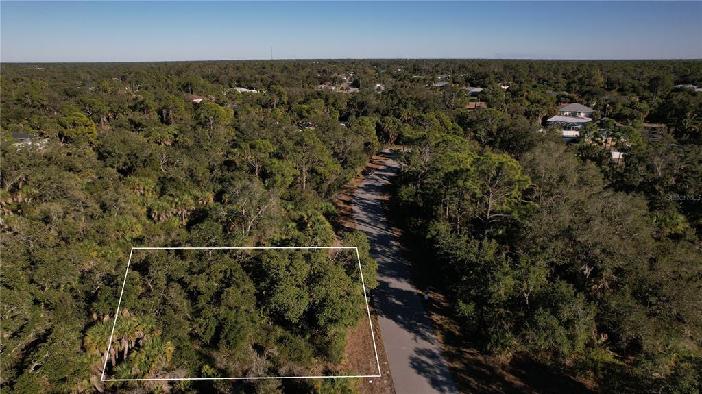 An aerial view shows a rectangular, wooded vacant lot bordering a paved residential street — 14324 RITA AVENUE, PORT CHARLOTTE, FL