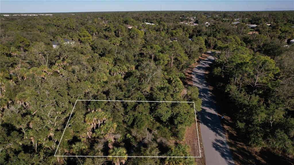 An aerial view shows a rectangular plot of land outlined in white beside a road — 14324 RITA AVENUE, PORT CHARLOTTE, FL
