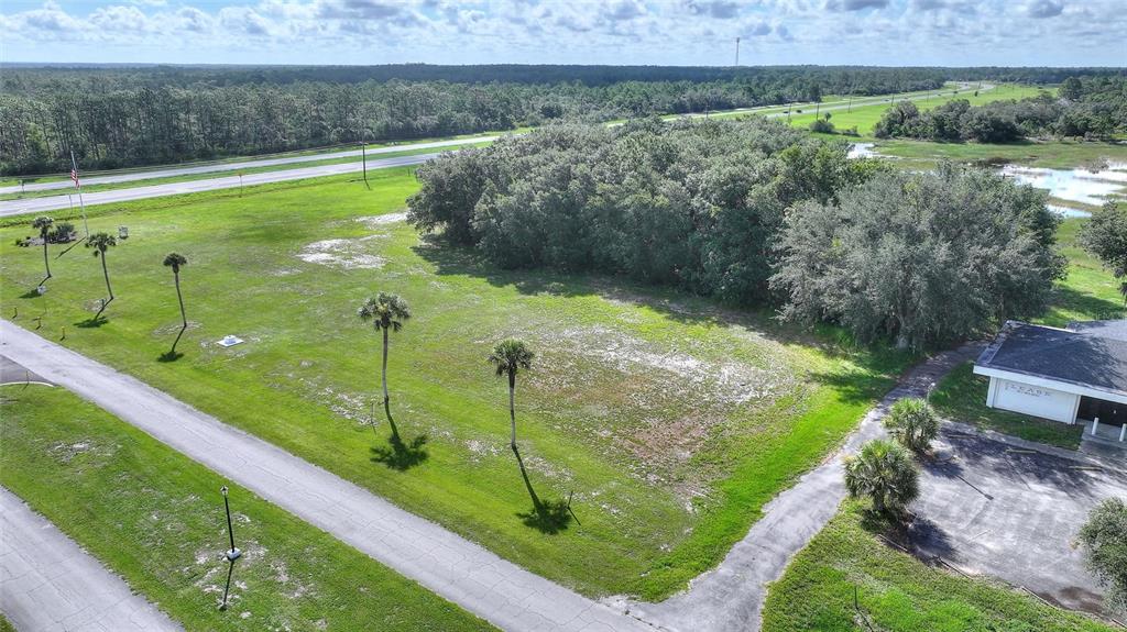 An aerial view shows a grassy vacant lot with scattered palm trees near a road — DELAND AVENUE, INDIAN LAKE ESTATES, FL