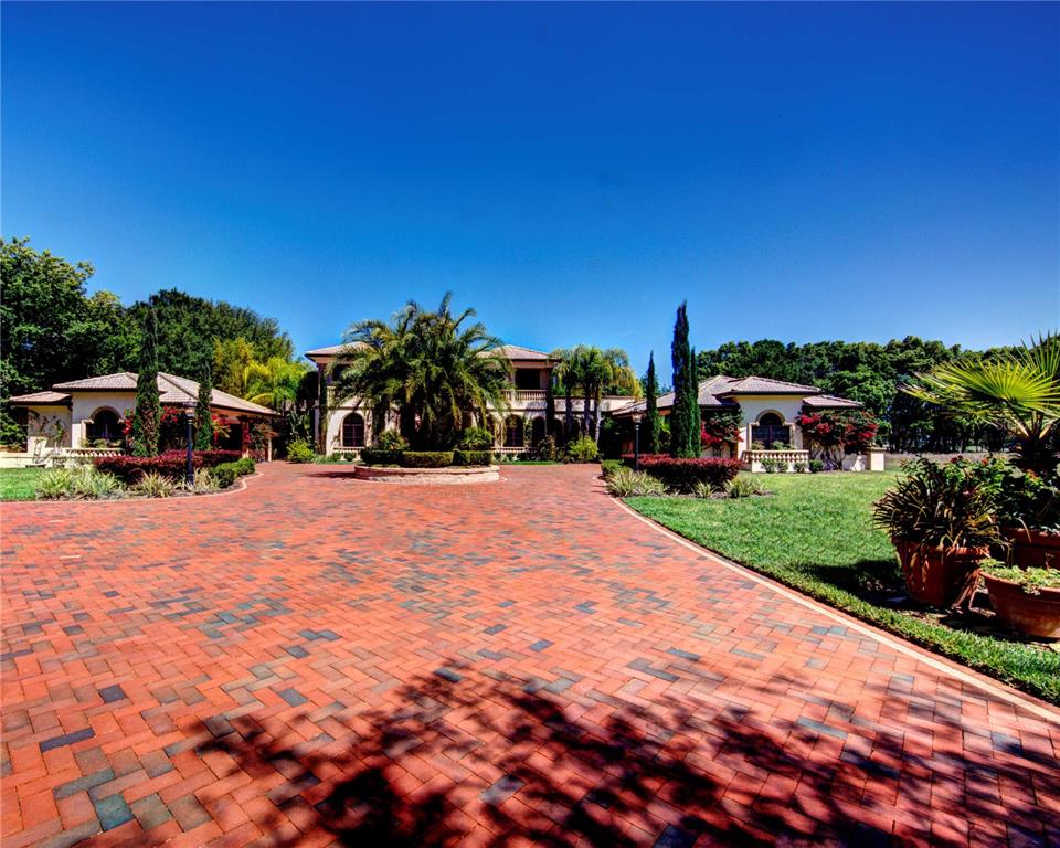 A large house with a brick paver driveway and a central palm tree island — 117 BELLAMERE PALMS COURT, LUTZ, FL