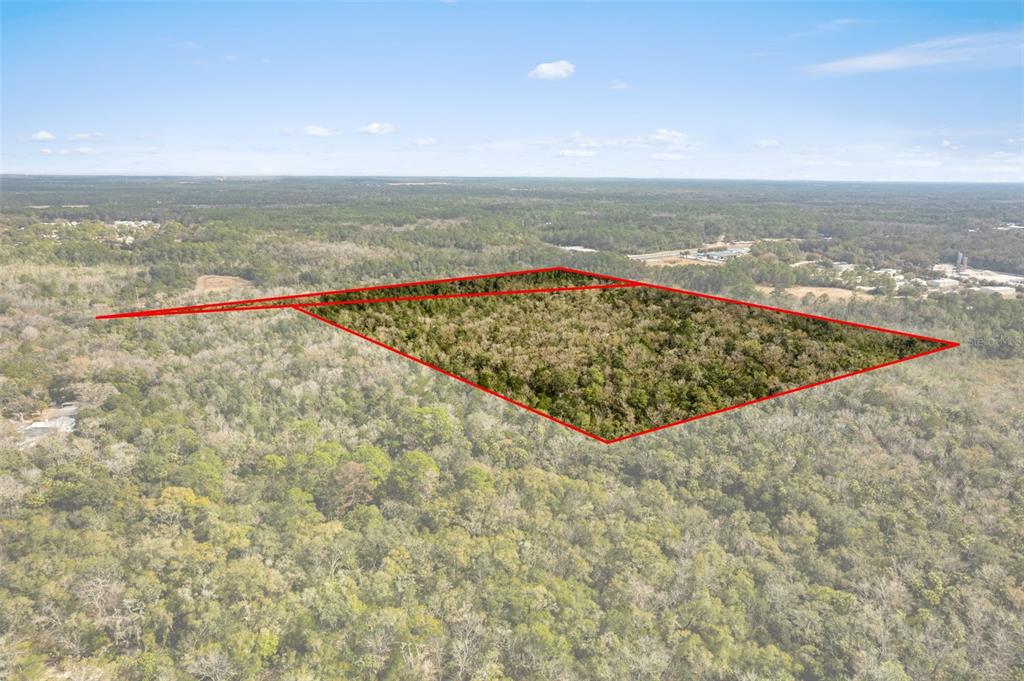 An aerial view shows a rectangular plot of land outlined in red amidst dense forest — 2872 S SUNCOAST BOULEVARD, HOMOSASSA, FL