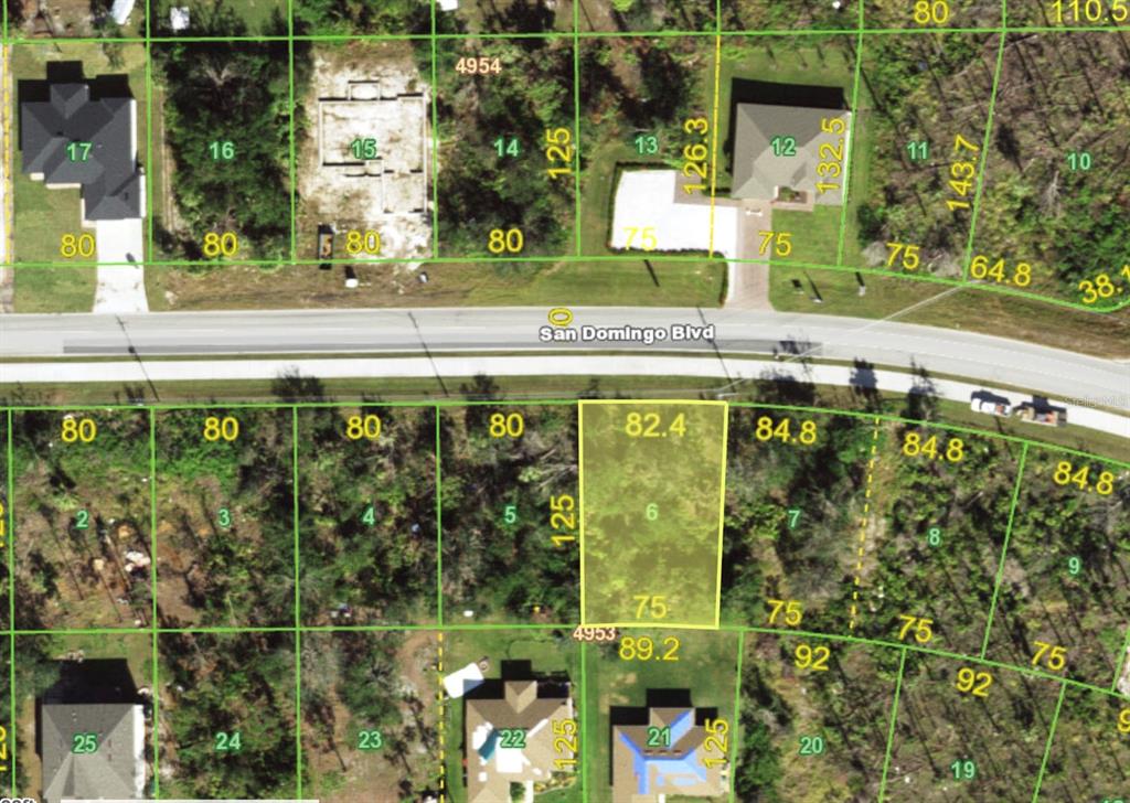 This is a satellite map showing residential lot boundaries and parcel numbers along a road — 14379 SAN DOMINGO BOULEVARD, PORT CHARLOTTE, FL
