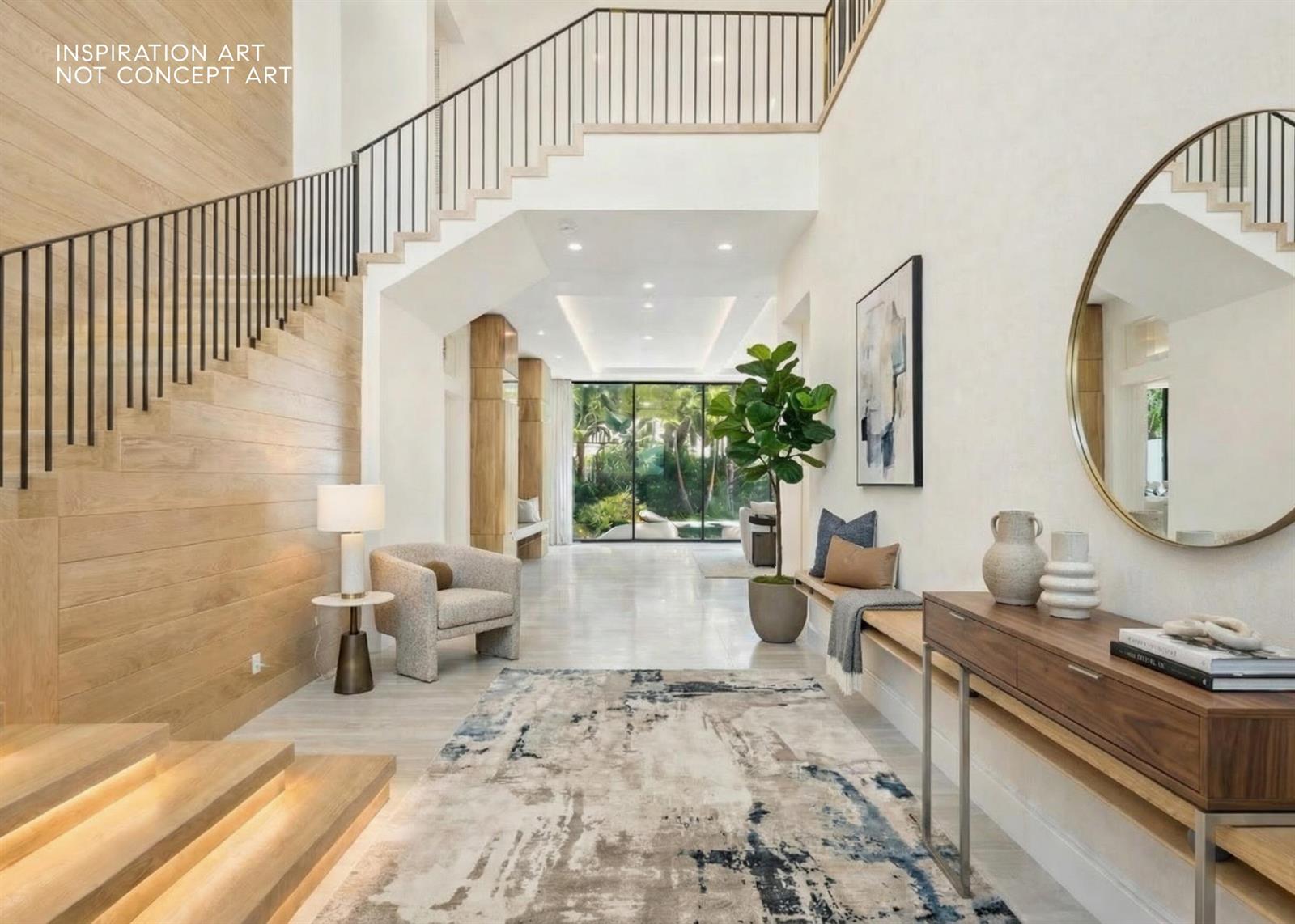 A modern foyer features a wooden staircase, a console table, and a view of greenery — 3205 Harrington Drive, Boca Raton FL 33496, BOCA RATON, FL
