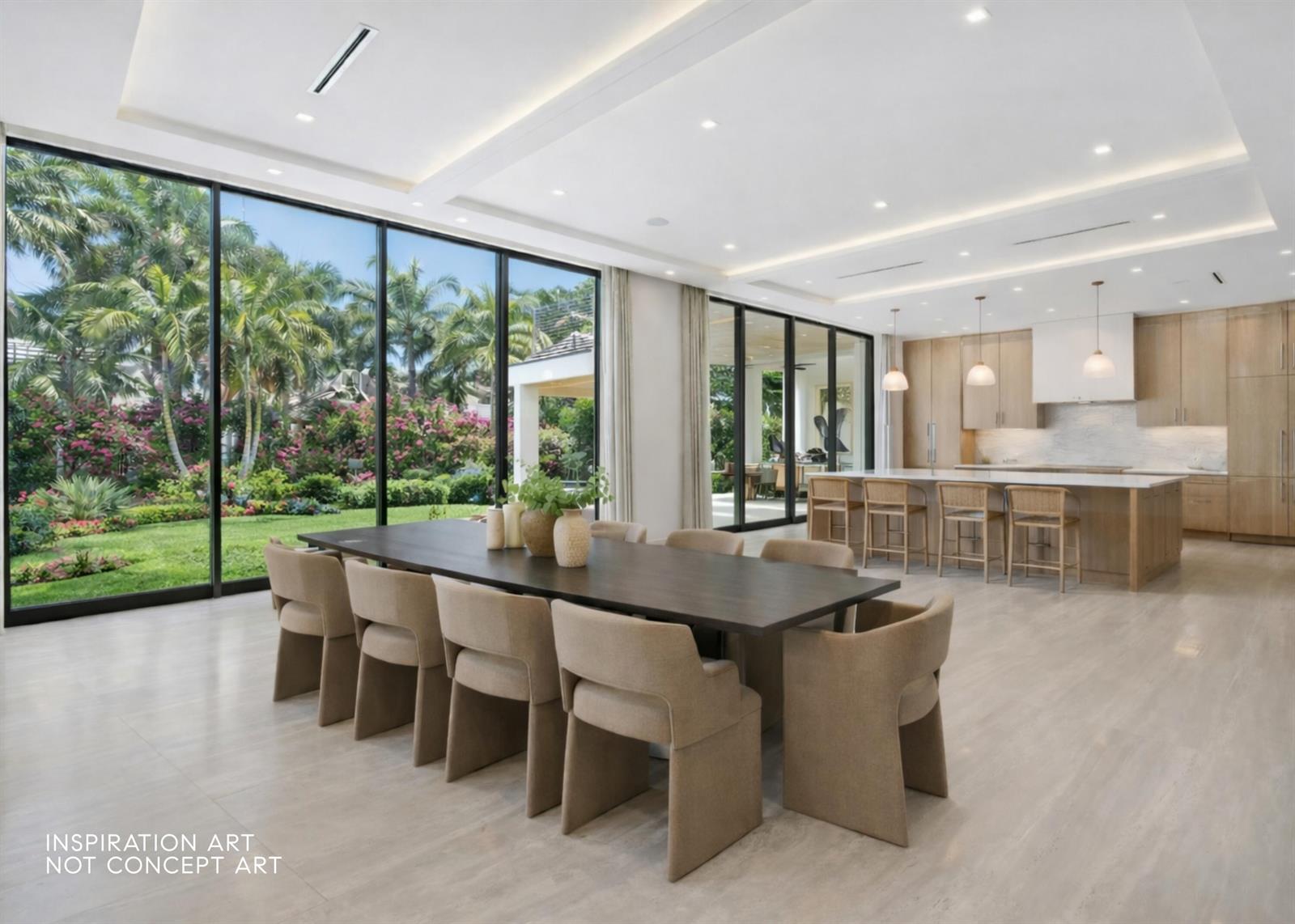 A modern dining area with a long dark table, beige chairs, and floor-to-ceiling windows — 3205 Harrington Drive, Boca Raton FL 33496, BOCA RATON, FL