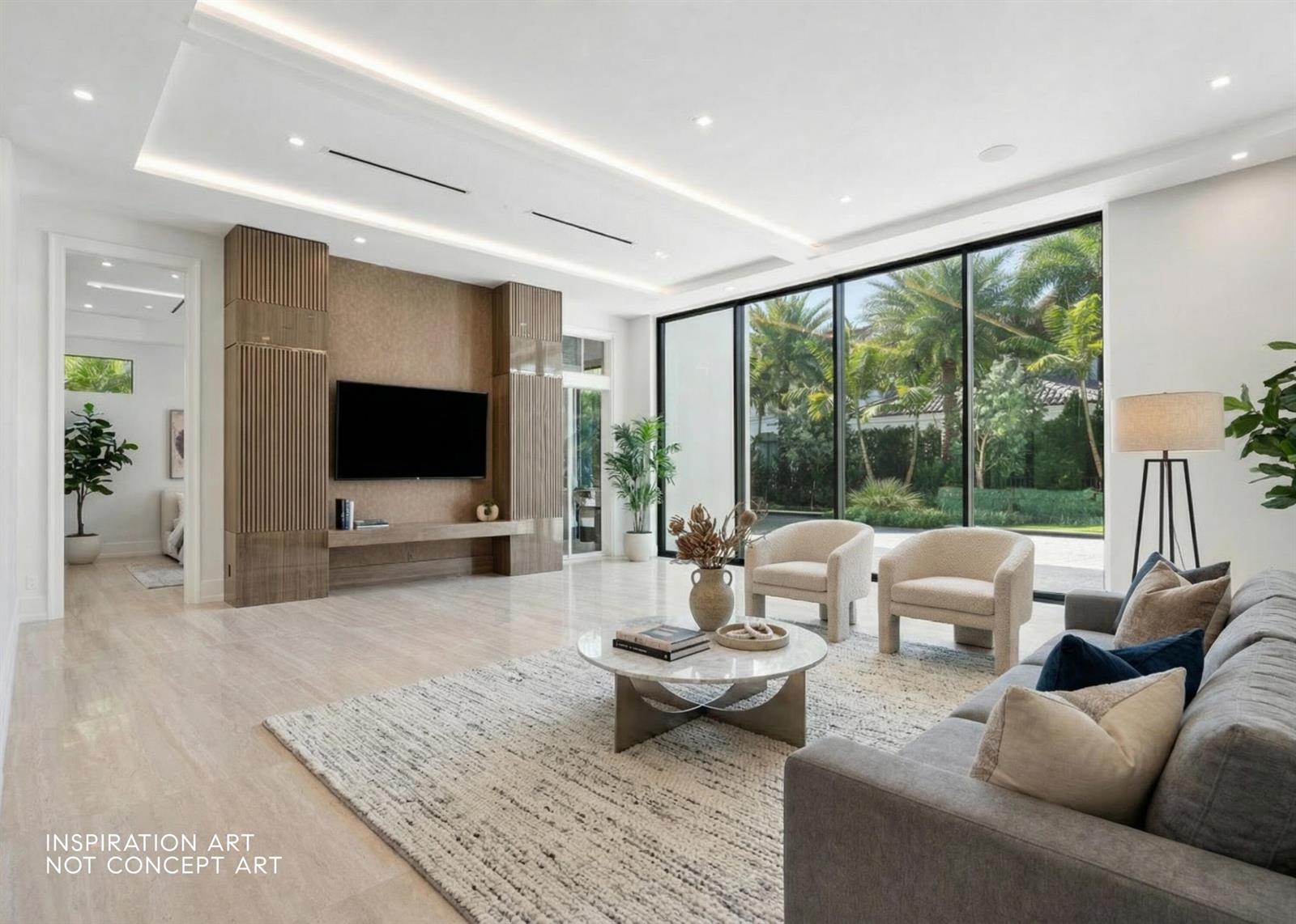 A modern living room features a wood-paneled media wall, floor-to-ceiling windows, and neutral furniture — 3205 Harrington Drive, Boca Raton FL 33496, BOCA RATON, FL