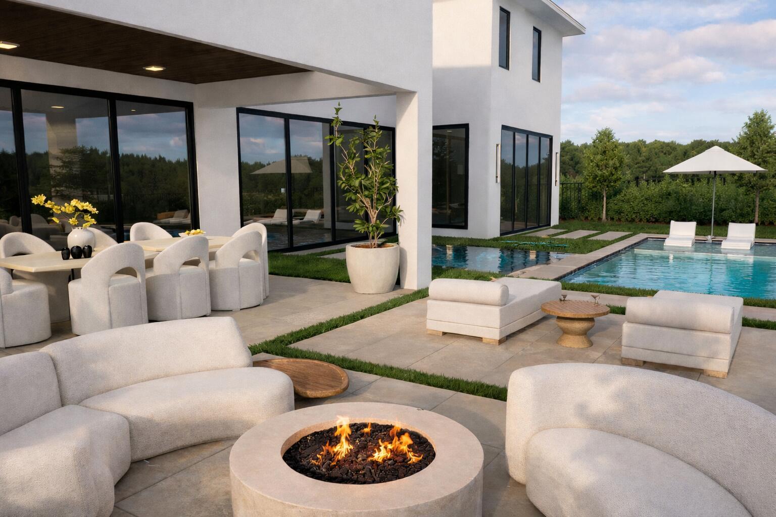 A modern patio features a fire pit, outdoor seating, and a swimming pool by a house — 3205 Harrington Drive, Boca Raton FL 33496, BOCA RATON, FL