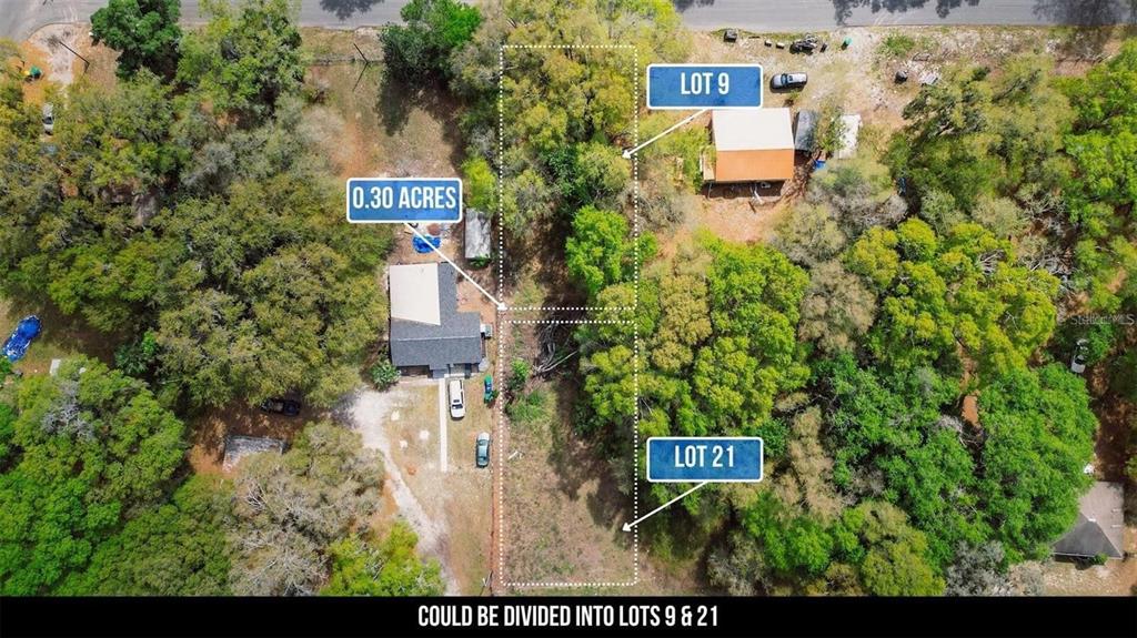 An aerial view shows a wooded property with two outlined lots labeled 9 and 21 — LAWRENCE ST, WILDWOOD, FL