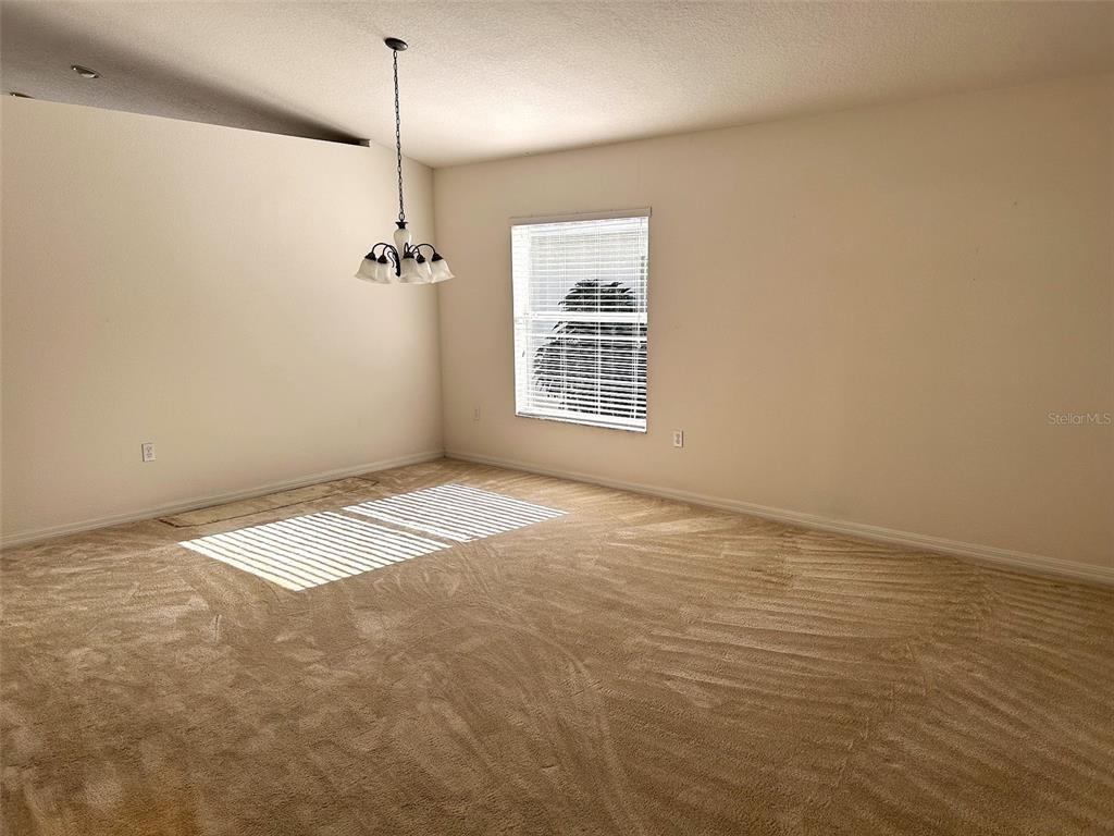 An empty dining room features beige carpet, a hanging light fixture, and a single window — 11632 HERITAGE POINT DRIVE, HUDSON, FL