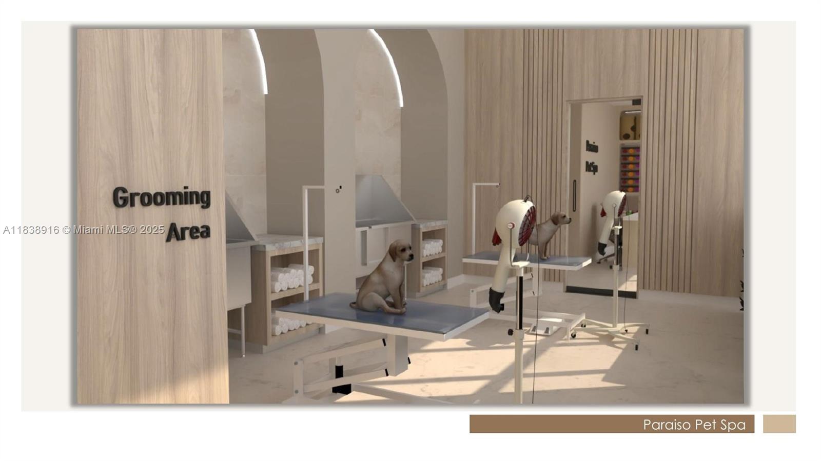 This rendering shows a modern pet grooming area with two grooming tables and drying equipment — 501 NE 31st St # 6, Miami FL 33137, MIAMI, FL