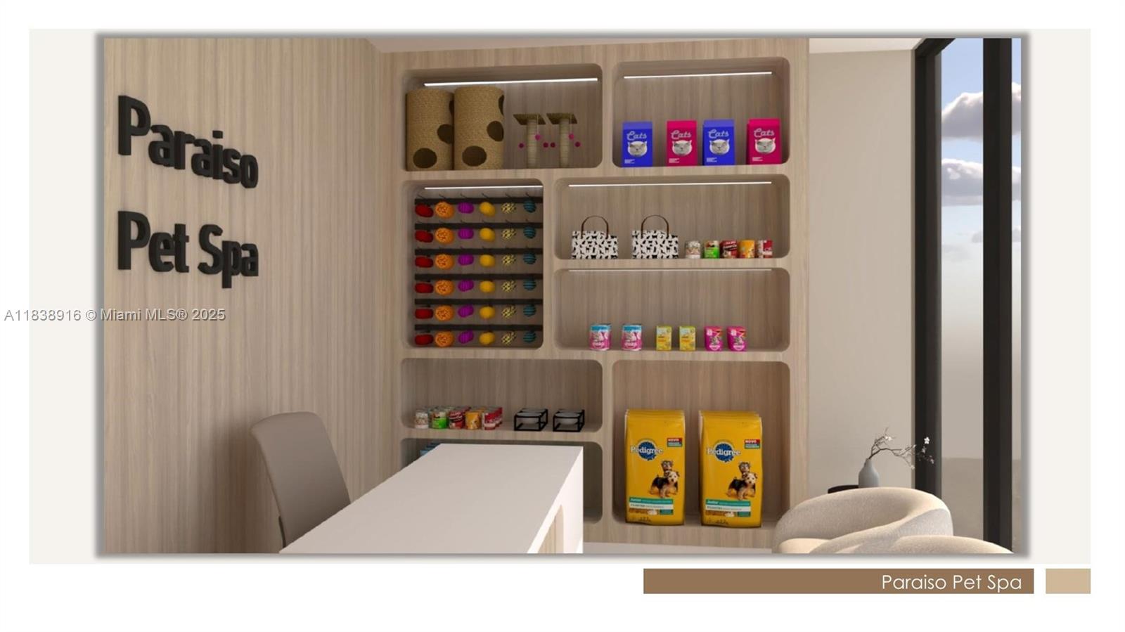 This rendering shows a pet spa reception area with light wood shelving and product displays — 501 NE 31st St # 6, Miami FL 33137, MIAMI, FL