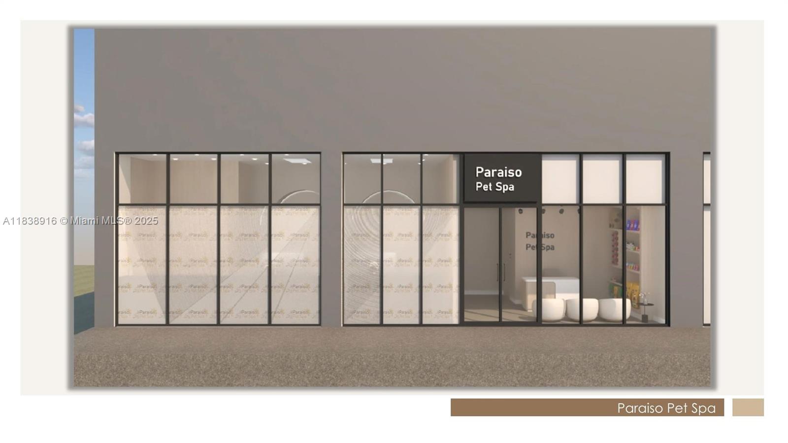 This is a 3D rendering of a commercial storefront for Paraiso Pet Spa — 501 NE 31st St # 6, Miami FL 33137, MIAMI, FL