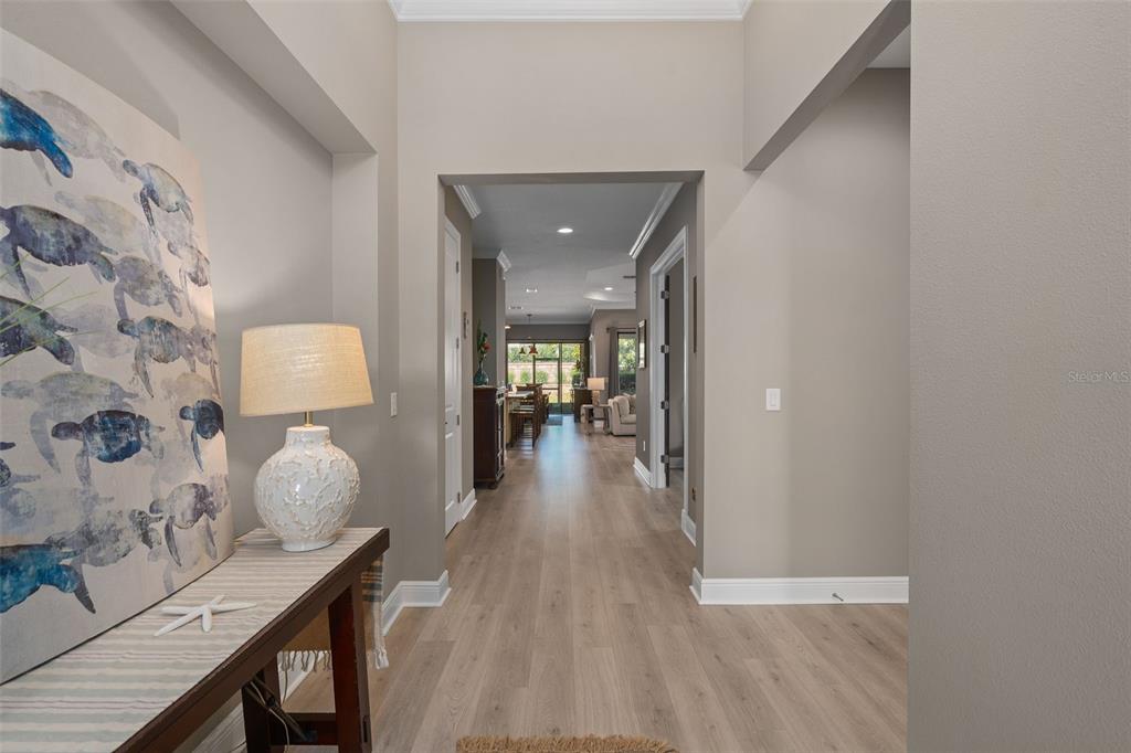 A hallway with light wood flooring leads from a foyer into an open living area — 1192 ESPERANZA RIDGE ROAD, CLERMONT, FL