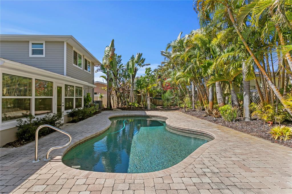 A backyard features a kidney-shaped swimming pool surrounded by a paver patio and palm trees — 6604 BLUE HERON DRIVE S, ST PETERSBURG, FL