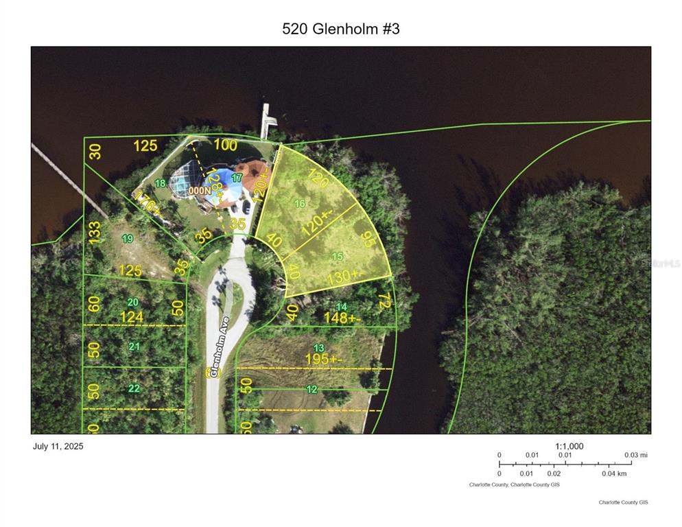 This is a property map showing lot lines and parcel numbers overlaid on an aerial view — 520 GLENHOLM AVENUE, PUNTA GORDA, FL