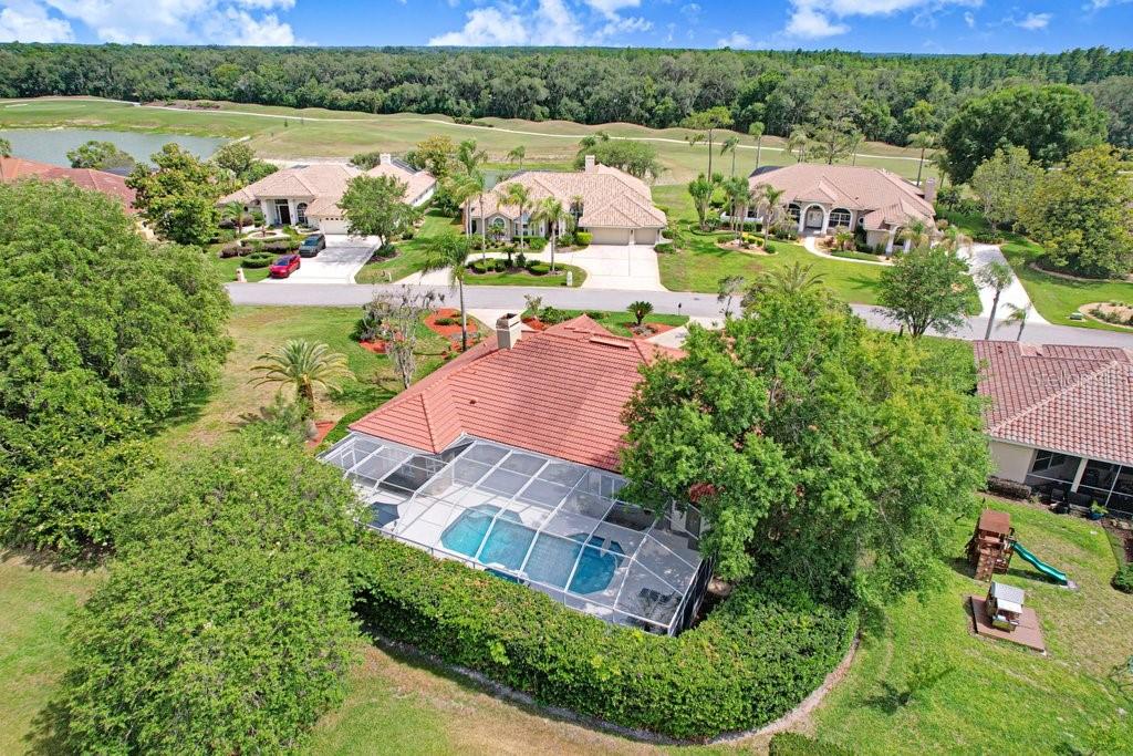 An aerial view of a house with a screened-in pool, tile roof, and landscaped yard — 30303 LAURELWOOD LANE, WESLEY CHAPEL, FL