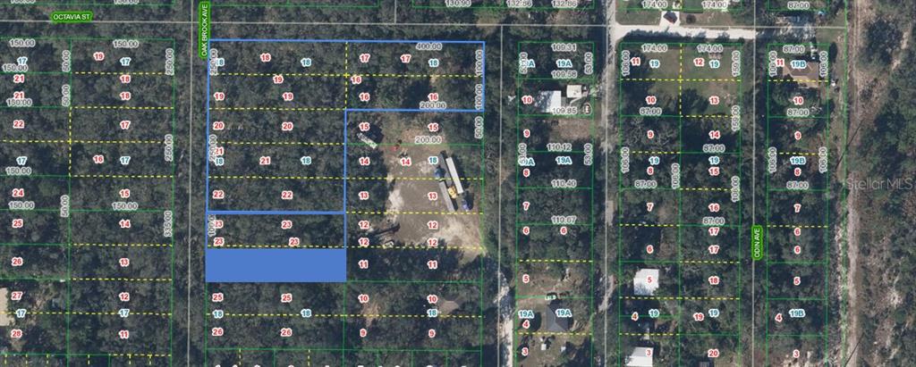 This is a satellite map showing several rectangular land parcels with property lines and lot numbers — 6104 OAK BROOK AVENUE LOT 24, SEBRING, FL
