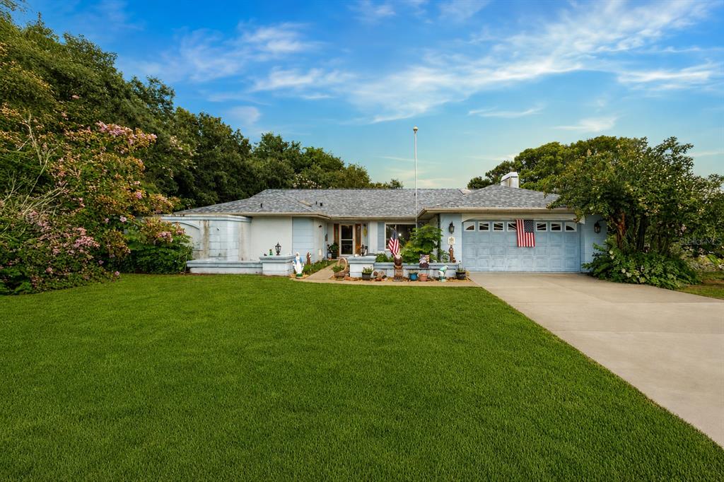 A single-story house with a light blue exterior, a two-car garage, and a large front lawn — 7438 GATES CIRCLE, SPRING HILL, FL
