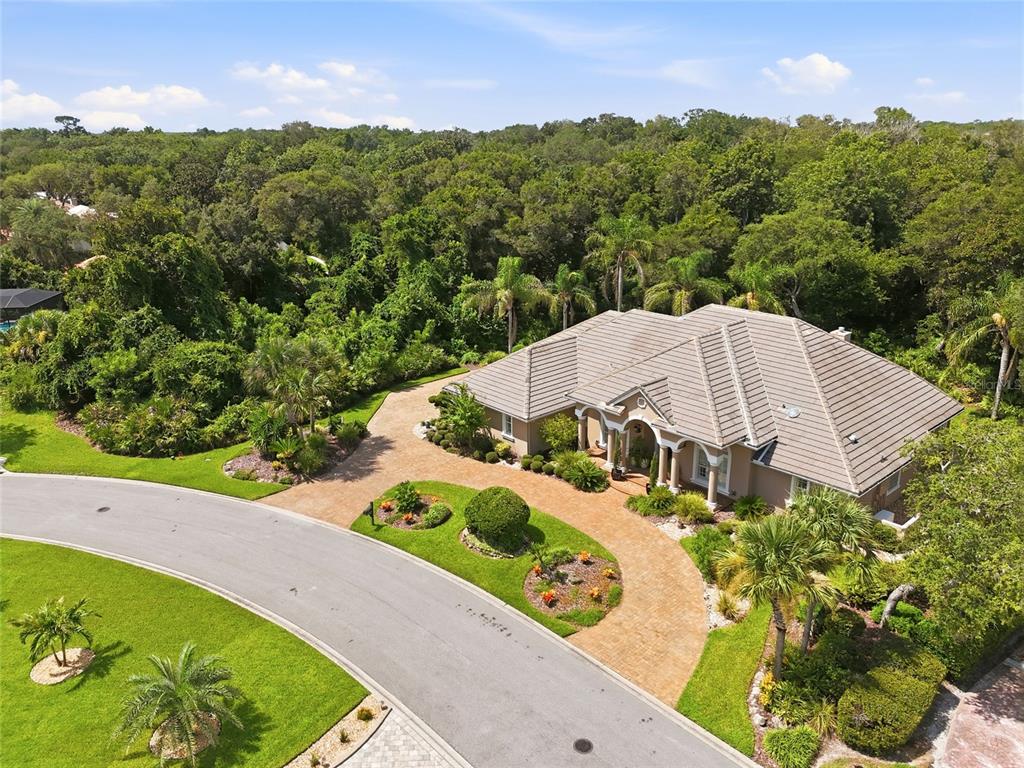 An aerial view of a single-story house with a paved driveway and lush landscaping — 5 ROMA COURT, PALM COAST, FL