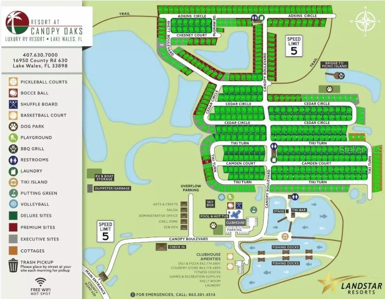 This is a map of the Resort at Canopy Oaks luxury RV resort in Florida — 33 TIKI TURN HYW 630 E, LAKE WALES, FL