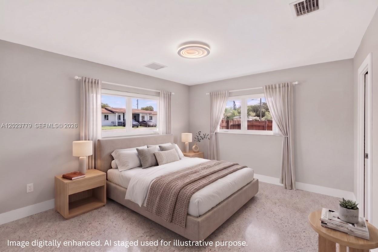 This digitally staged bedroom features light gray walls, a queen bed, and two windows — 709 NW 9th Ct, Hallandale Beach FL 33009, HALLANDALE BEACH, FL