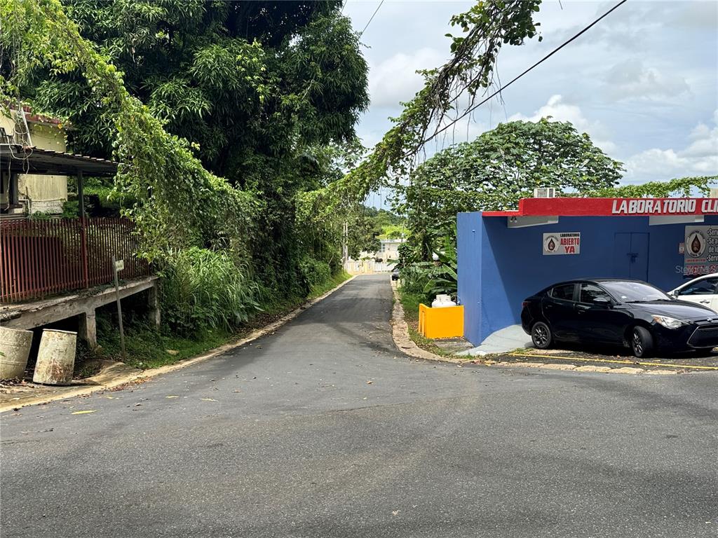 A paved road leads downhill past a blue clinical laboratory building and lush green trees — 842 N CAMINO LOS MURIELES, SAN JUAN, PR