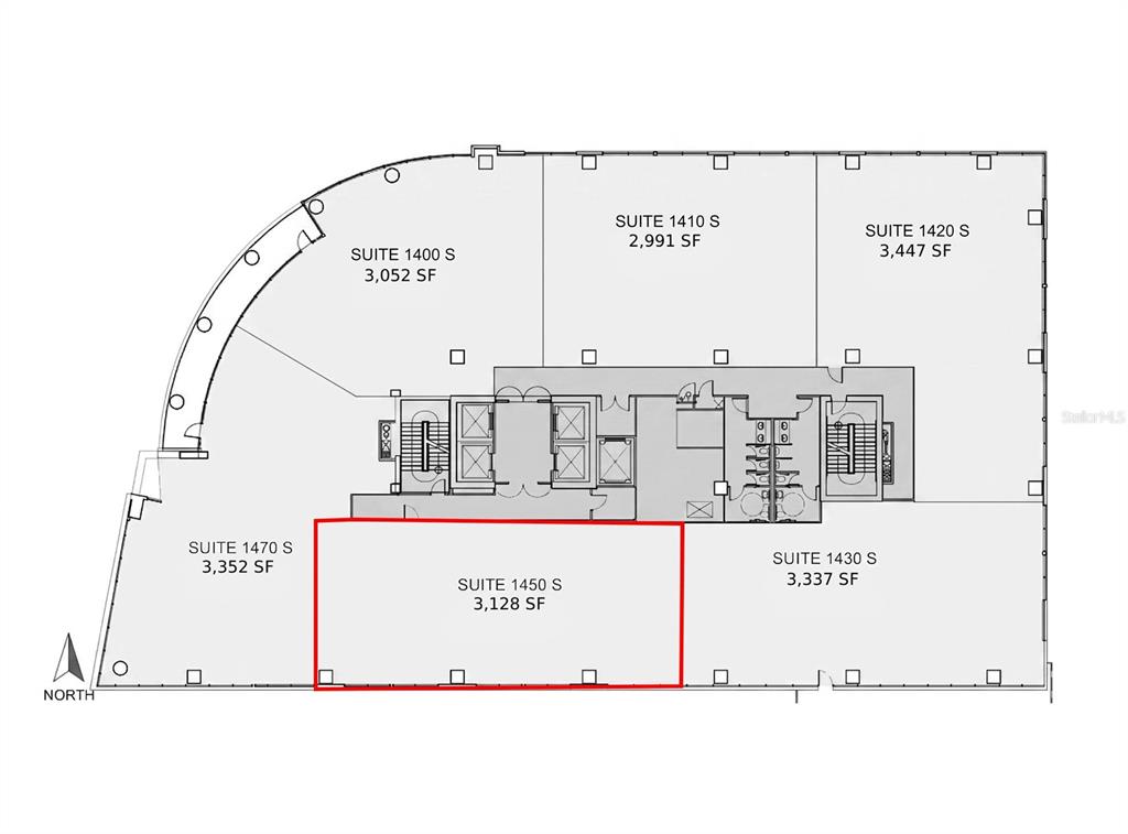 This is a floor plan showing the layout of several office suites on a building level — 189 S ORANGE AVENUE UNIT 1450, ORLANDO, FL