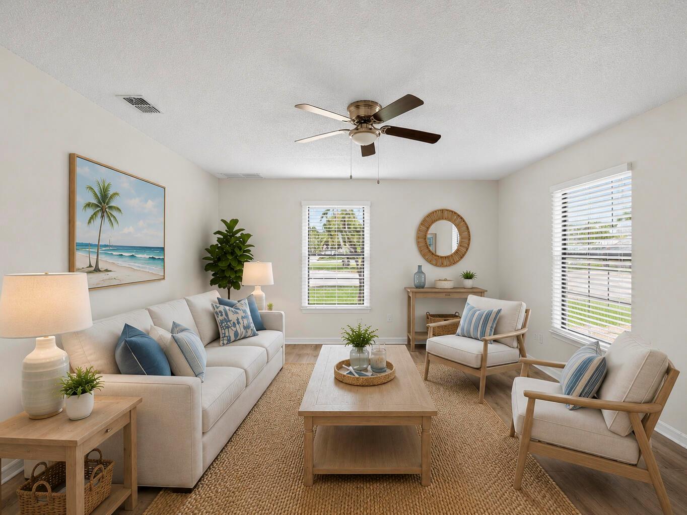A bright living room features a beige sofa, two armchairs, a coffee table, and coastal decor — 2575 1st Place, Vero Beach FL 32962, VERO BEACH, FL