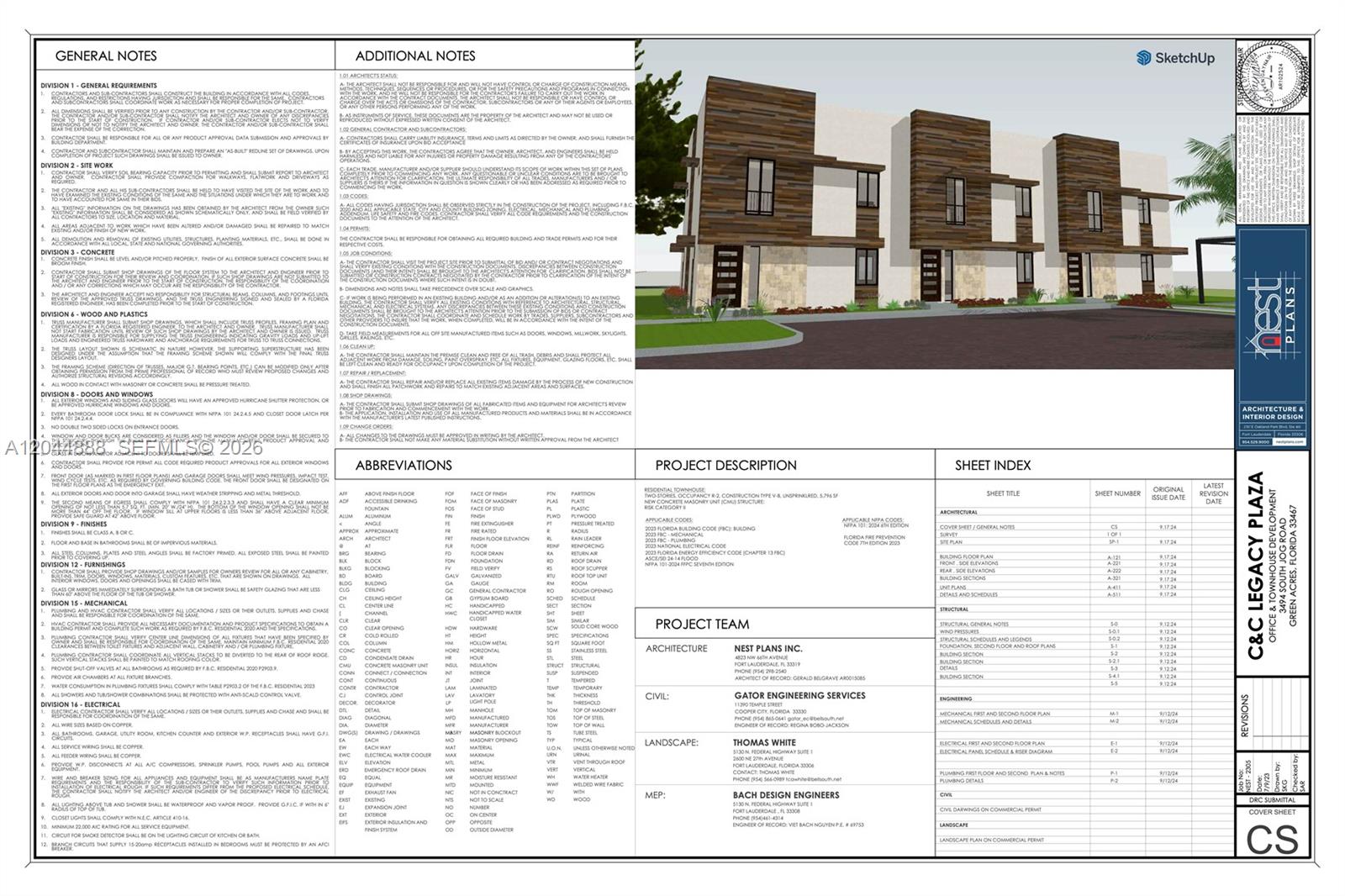 This is a technical architectural cover sheet containing project notes, abbreviations, and a sheet index — 3494 S Jog Rd, Green Acres FL 33467, GREEN ACRES, FL