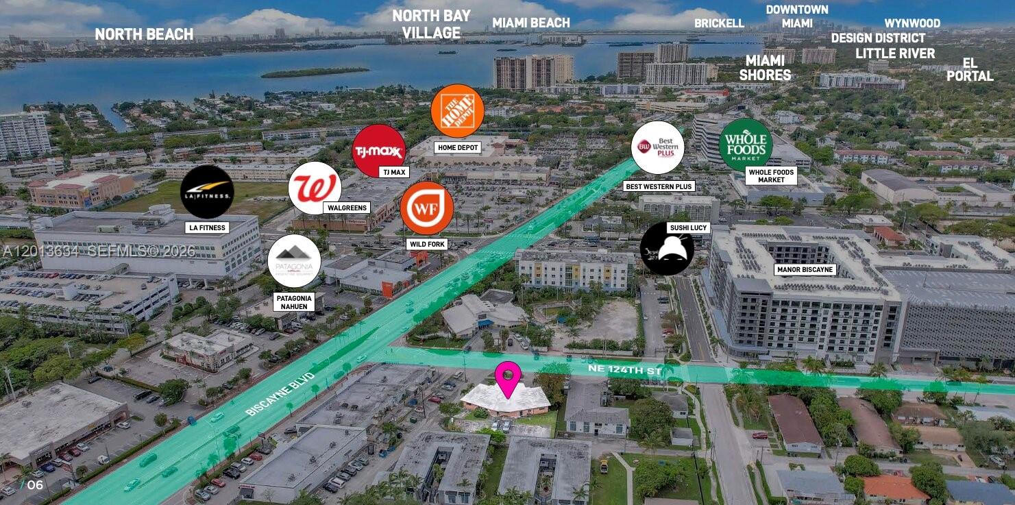This aerial map highlights local businesses and landmarks surrounding a property on Biscayne Boulevard — 1747 NE 124th St, North Miami FL 33181, NORTH MIAMI, FL
