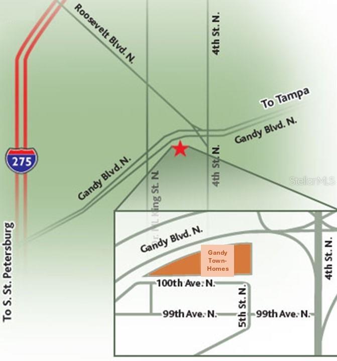 This map shows the location of Gandy Townhomes near Gandy Boulevard and 4th Street North — 501 100TH AVENUE N, ST PETERSBURG, FL