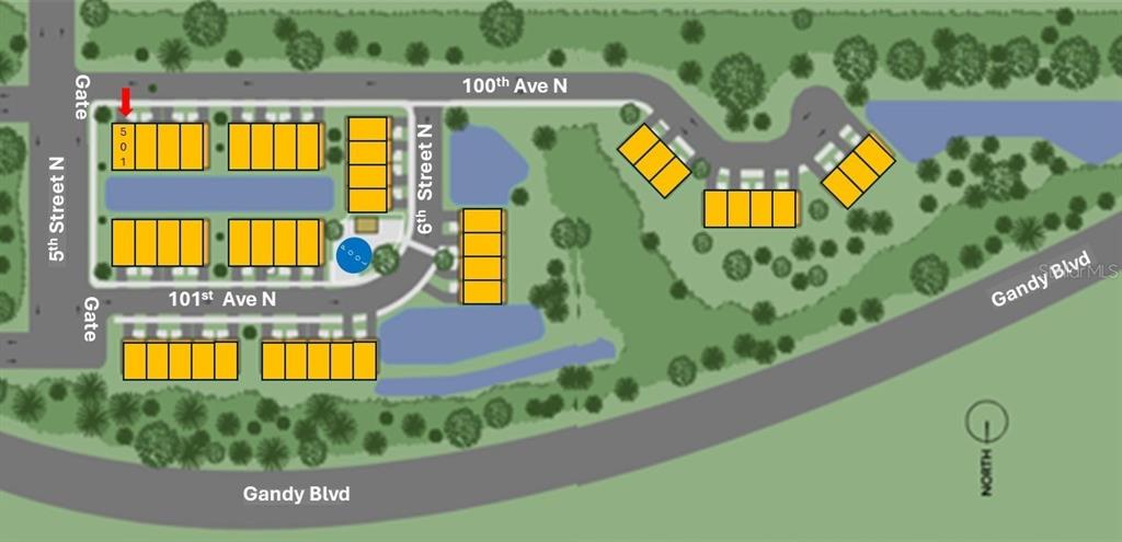 This is a site plan rendering showing the layout of a residential community with buildings — 501 100TH AVENUE N, ST PETERSBURG, FL