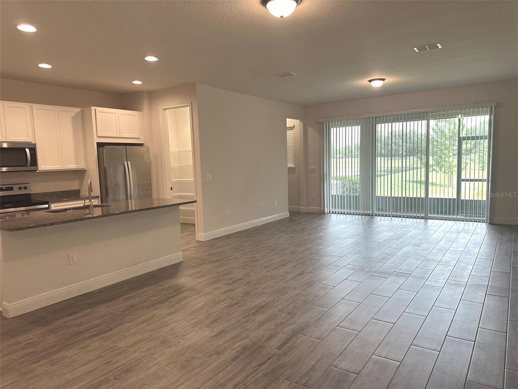 An open-concept kitchen and living area features gray wood-look tile flooring and sliding glass doors — 11634 CAMBIUM CROWN DRIVE, RIVERVIEW, FL