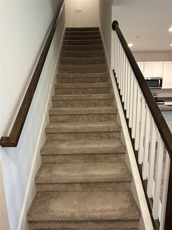 A carpeted staircase with wooden handrails leads upward between white walls — 11634 CAMBIUM CROWN DRIVE, RIVERVIEW, FL