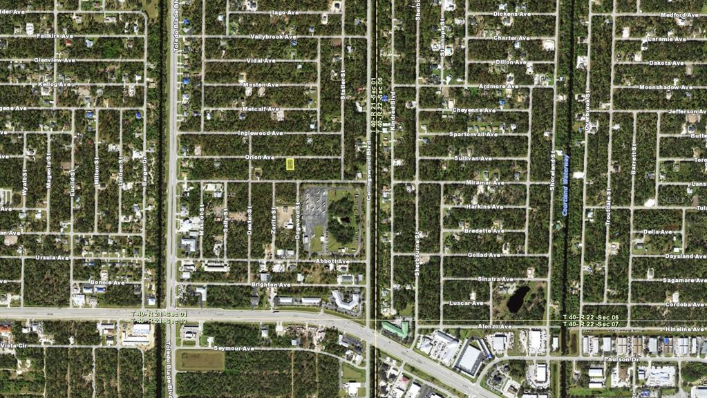 This is an aerial map view of a residential neighborhood with a highlighted property — 17435 ORION AVENUE, PORT CHARLOTTE, FL