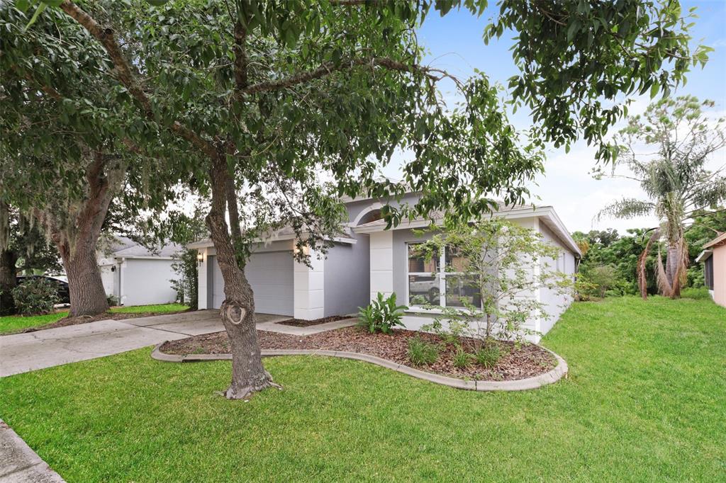A single-story house with a gray exterior, a two-car garage, and a landscaped front yard — 823 ROCKY MOUNTAIN COURT, VALRICO, FL