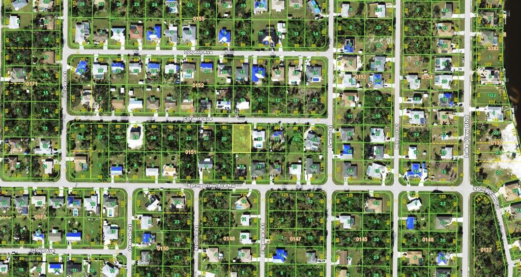 This is an aerial map showing residential lots and streets in a suburban neighborhood — 825 CORDELE AVENUE NW, PORT CHARLOTTE, FL