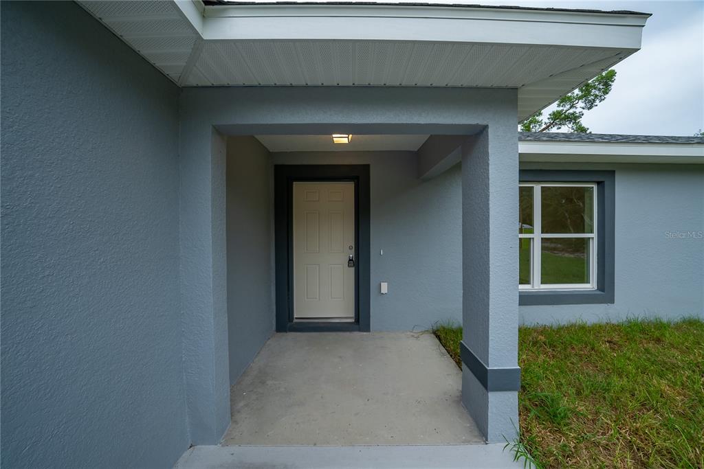 The exterior view shows a covered concrete entryway with a light-colored door and gray stucco walls — 11 MALAUKA PASS, OCKLAWAHA, FL