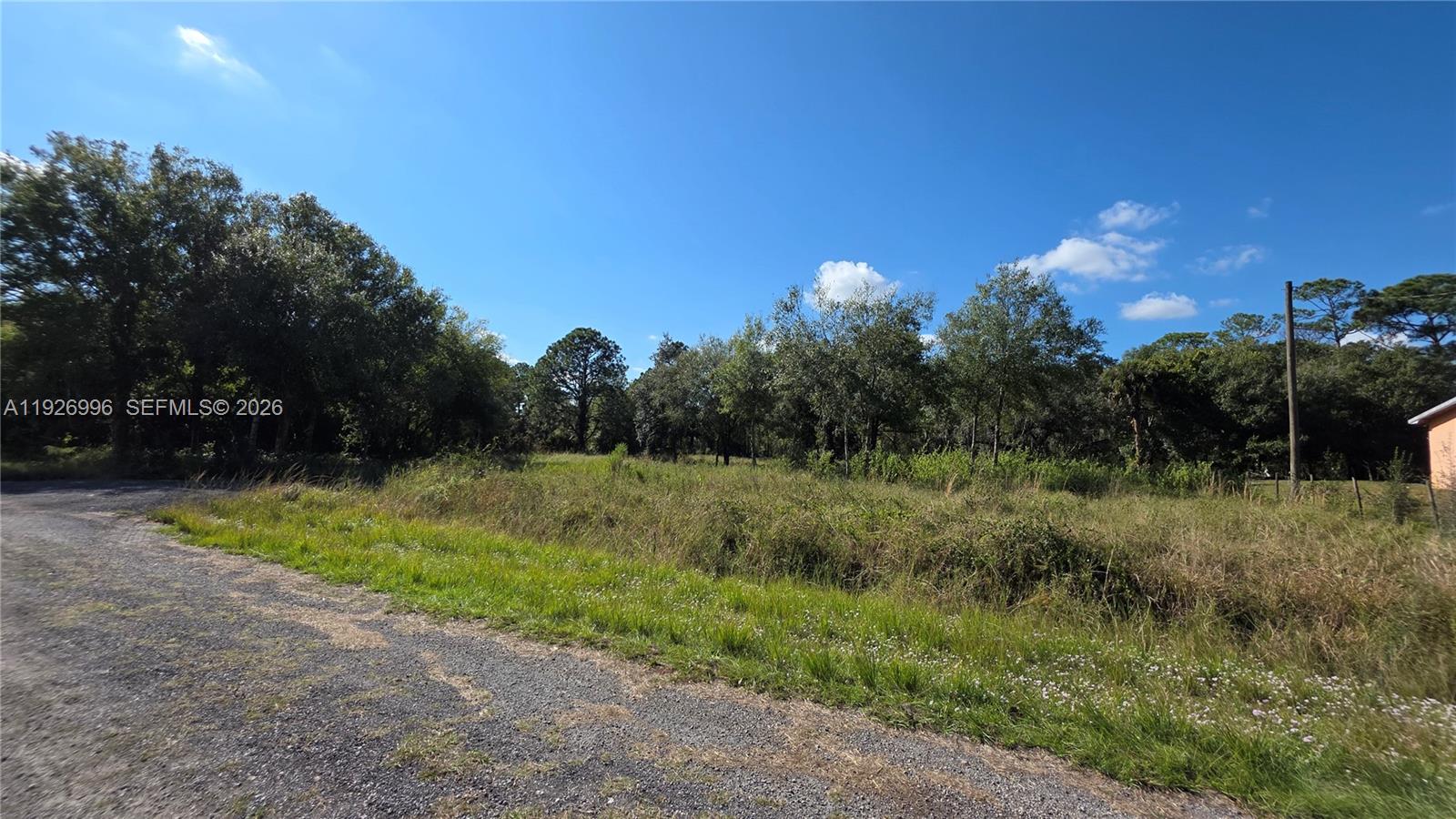 A gravel road borders a grassy, undeveloped lot with scattered trees under a clear sky — 340 N Jinete ST, Clewiston FL 33440, CLEWISTON, FL