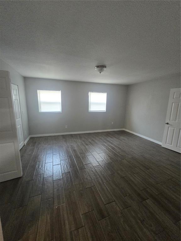 An empty room features gray walls, wood-look tile flooring, two windows, and two white doors — 3905 E OSBORNE AVENUE, TAMPA, FL