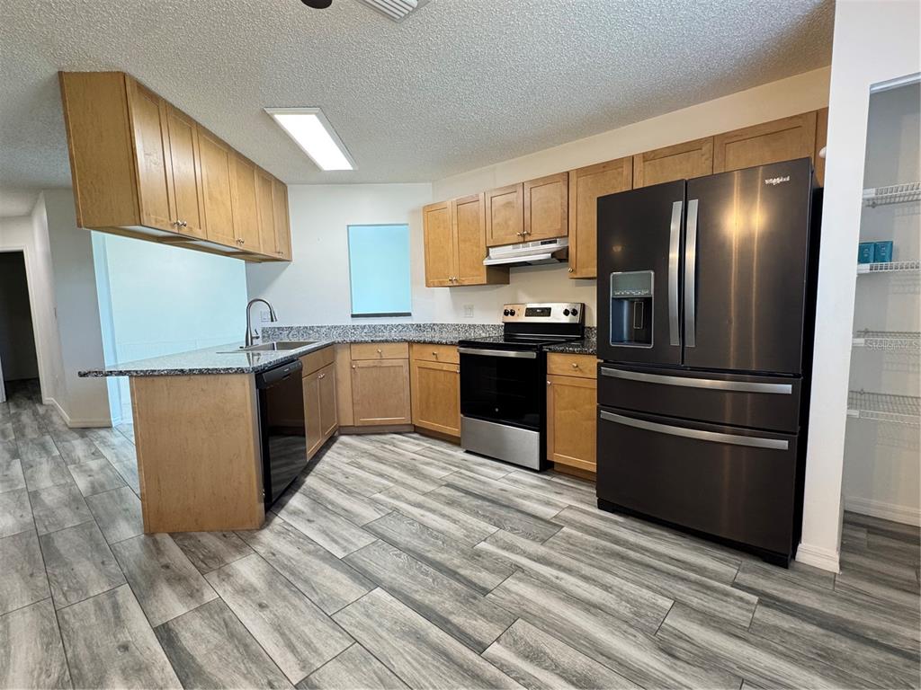 A kitchen features light wood cabinets, granite countertops, stainless steel appliances, and gray wood-look flooring — 215 FERNWOOD ST, LEESBURG, FL