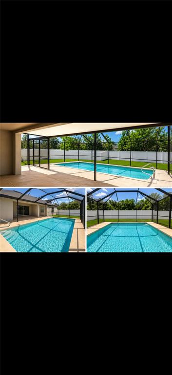 A swimming pool with a screened-in enclosure and a covered patio area in a backyard — 2016 ROSEWOOD CIRCLE, LAKELAND, FL