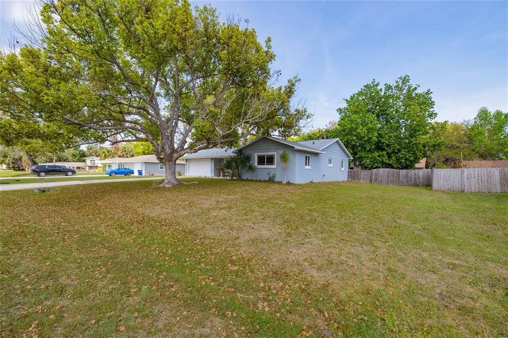 A single-story blue house with a large tree in the front yard — 1709 UMBRELLA TREE DRIVE, EDGEWATER, FL