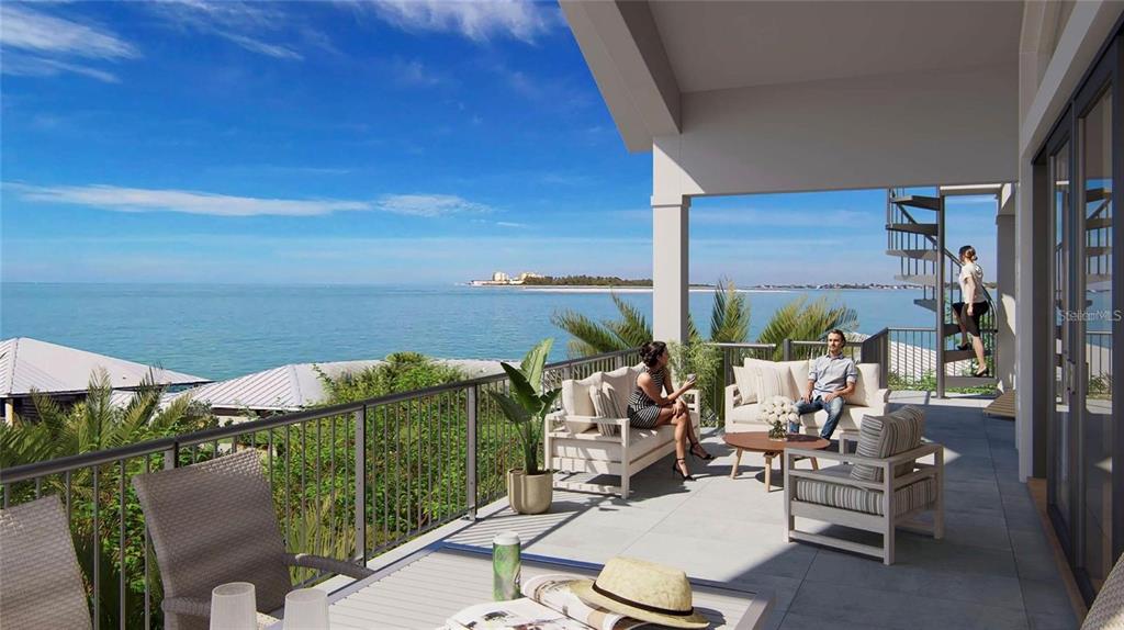 This rendering shows a covered balcony with outdoor furniture overlooking a coastal water view — 6907 BOCHI CIRCLE, SARASOTA, FL