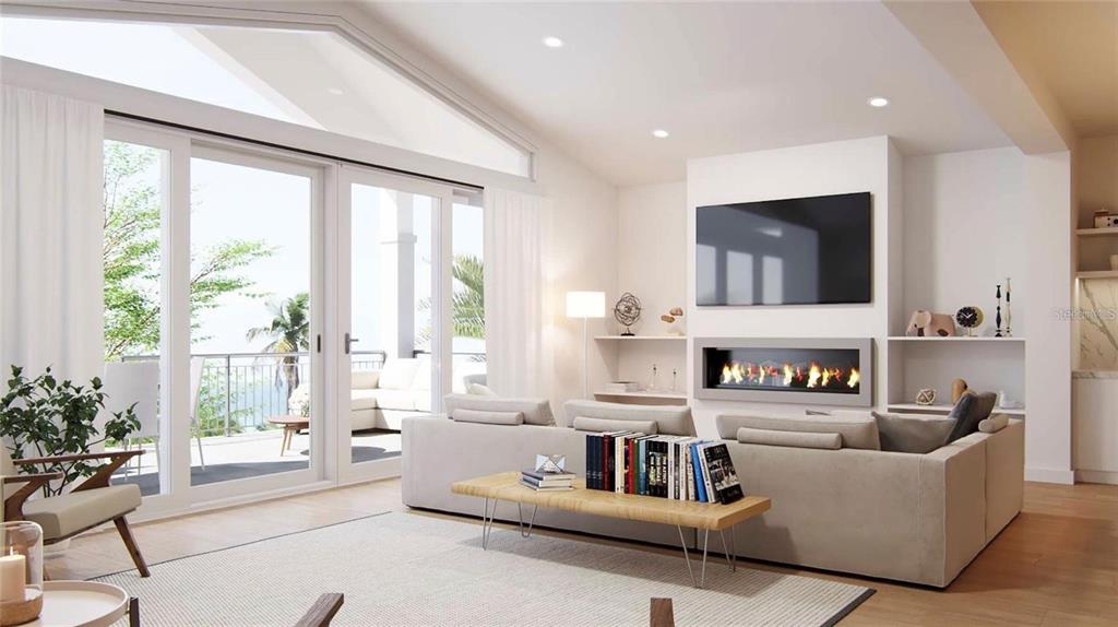 This rendering shows a modern living room with a fireplace, television, and large glass doors — 6907 BOCHI CIRCLE, SARASOTA, FL