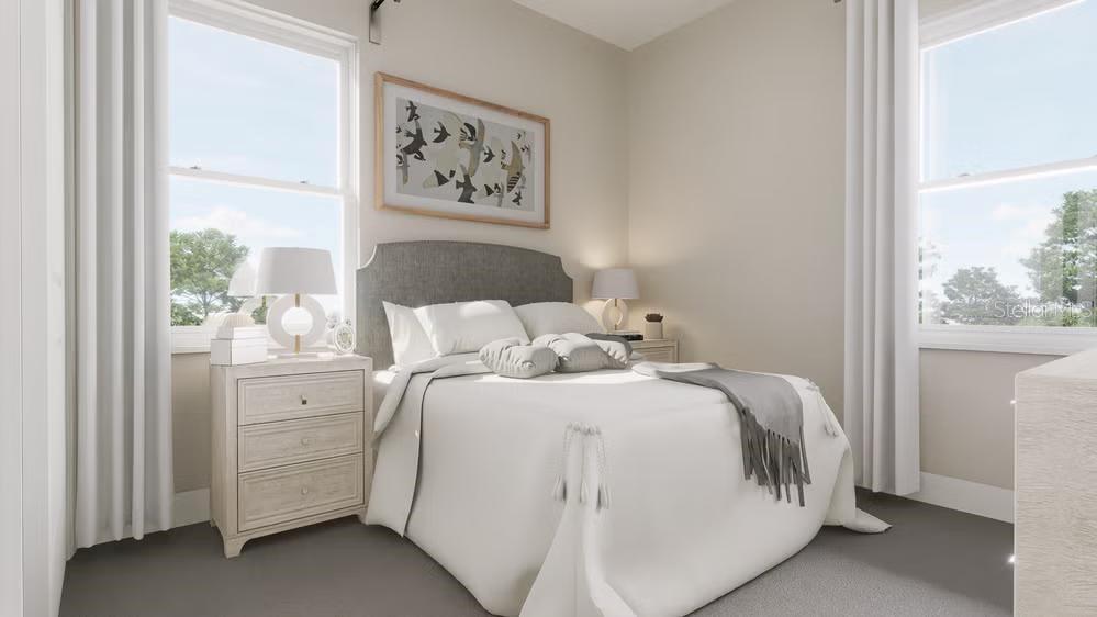 This rendering shows a bedroom with a gray upholstered headboard, white bedding, and two windows — 13307 PEACEFUL MELODY DRIVE, WINTER GARDEN, FL